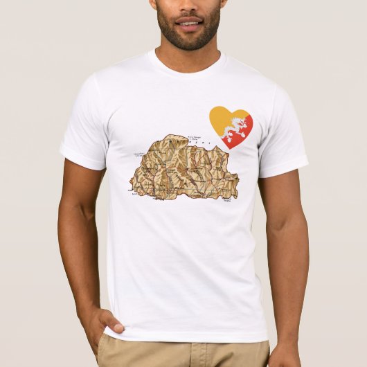 Bhutan Flag Heart en Map T-Shirt (Voorkant)