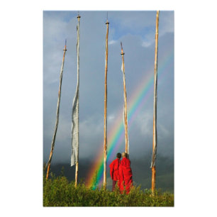 Bhutan, Gangtey dorp, Regenboog boven twee Foto Afdruk