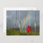 Bhutan, Gangtey village, Rainbow over two monks Briefkaart (Voorkant / Achterkant)