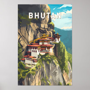 Bhutan Illustratie Reis Kunst Vintage Poster