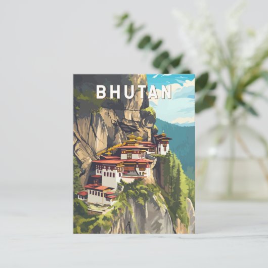 Bhutan Illustration Travel Art Vintage Briefkaart (Staand voorkant)