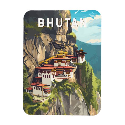 Bhutan Illustration Travel Art Vintage Magneet (Verticaal)