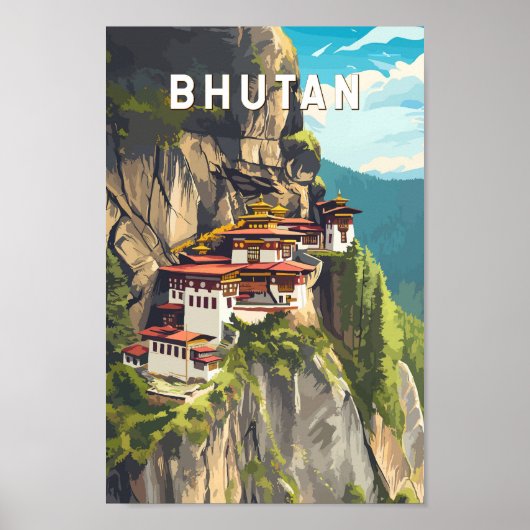 Bhutan Illustration Travel Art Vintage Poster (Voorkant)