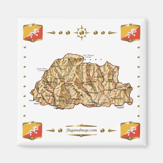 Bhutan Kaart + Vlaggen Magneet (Voorkant)