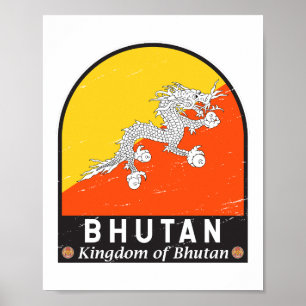 Bhutan Vlag Embleem Verstoorde Vintage Poster