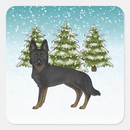 Bi-Black Duitse herder Blauw Groen Winterbos Vierkante Sticker (Voorkant)