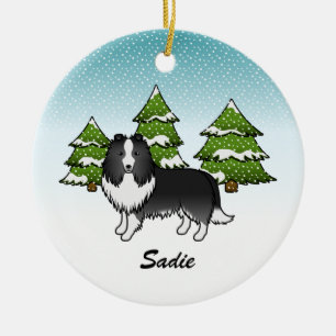 Bi-Black Sheltie Cartoon-hond in de winter & naam Keramisch Ornament