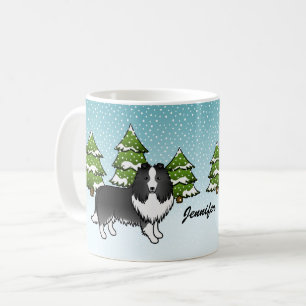 Bi-Black Sheltie Cartoon Hond In Winter & Naam Koffiemok