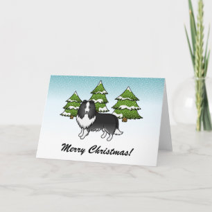 Bi-Black Sheltie Cartoon Hond In Winter & Tekst Kaart