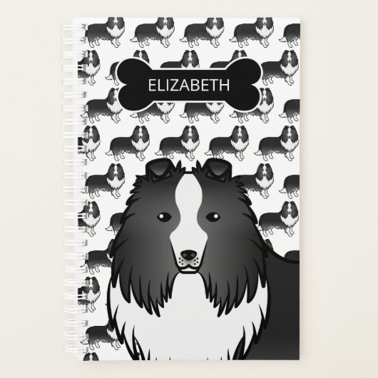 Bi-Black Sheltie-hond met hondenbot en naam Planner (Voorkant)