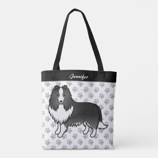 Bi-Black Shetland Sheepdog Cartoon Dog & Name Tote Bag (Achterkant)