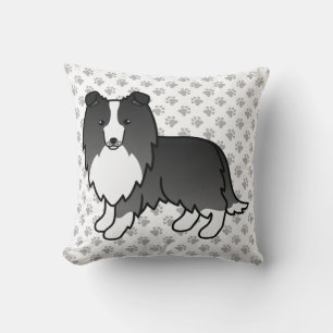 Bi-Black Shetland Sheepdog Cartoon Dog & Paws Kussen