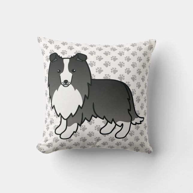 Bi-Black Shetland Sheepdog Cartoon Dog & Paws Kussen (Voorkant)