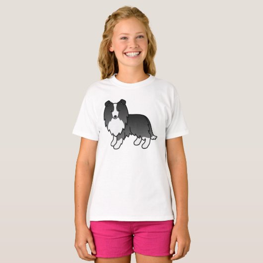 Bi-Black Shetland Sheepdog Sheltie Cartoon Dog T-shirt (Voorkant volledig)