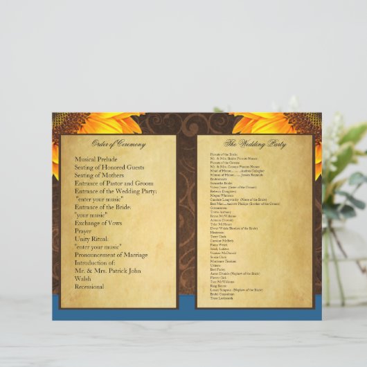 Bi Fold Blue Sunflower Wedding Ceremony Programma (Staand voorkant)