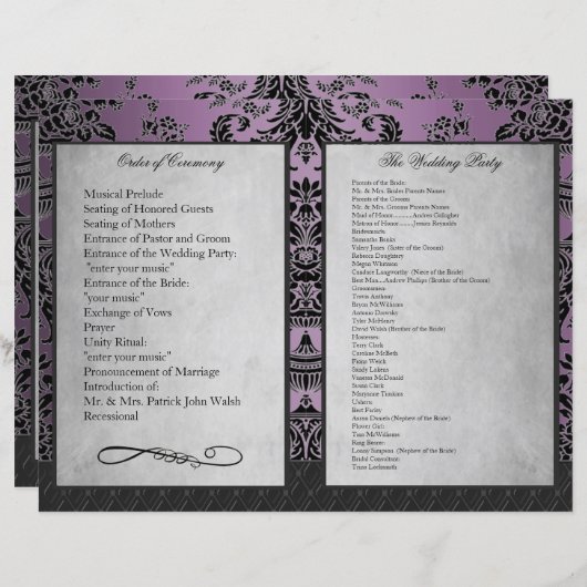 Bi Fold Paars Damask Wedding Ceremony Programma's (Voorkant / Achterkant)