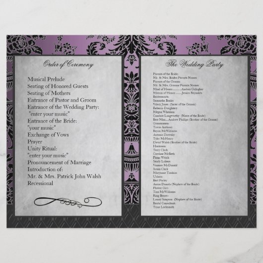 Bi Fold Paars Damask Wedding Ceremony Programma's (Voorkant)