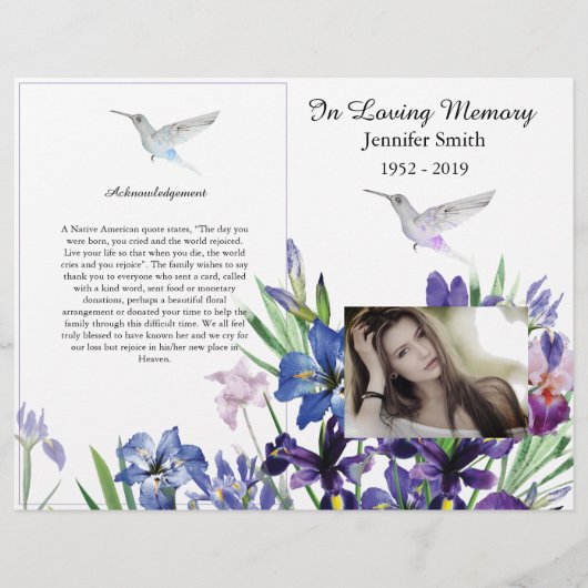Bi-Fold Paarse Ises Hummingbird Funeral Programme Flyer (Voorkant)