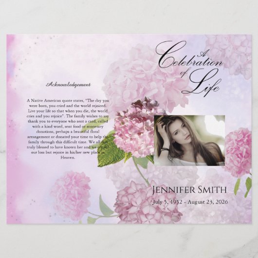 Bi-Fold Pink Hydrangeas Funeral Programme Flyer (Voorkant)