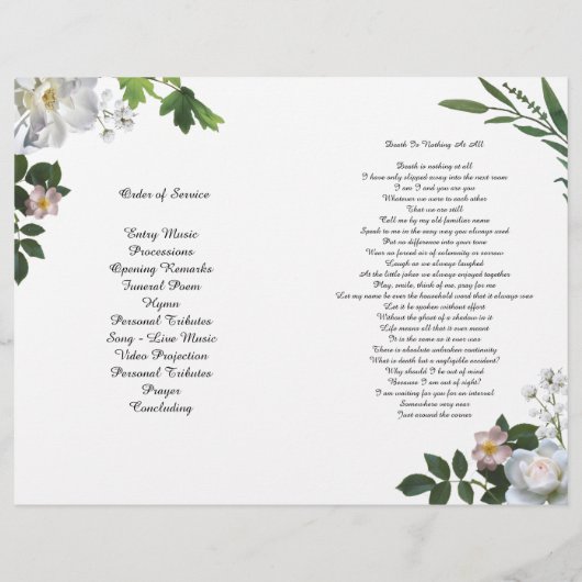 Bi-Fold White Cherry Blossom Roos Funeral Programm Flyer (Achterkant)