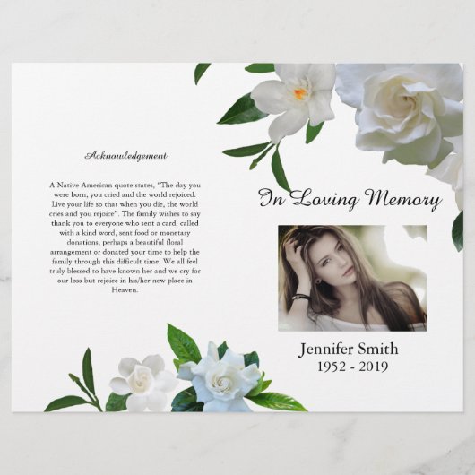 Bi-Fold White Gardenia Funeral Programme Flyer (Voorkant)