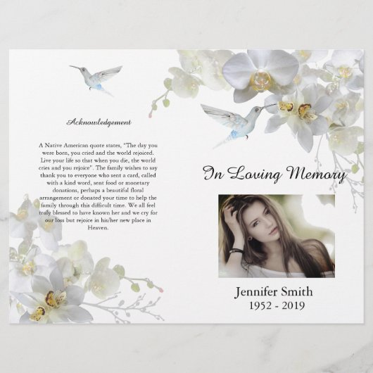 Bi-Fold White Orchids Hummingbird Funeral Programm Flyer (Voorkant)