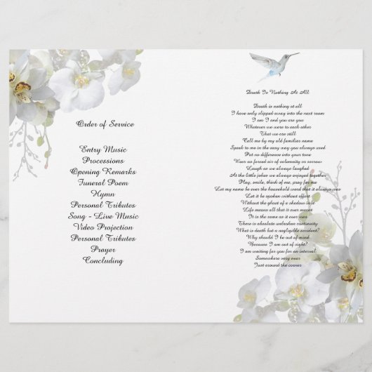 Bi-Fold White Orchids Hummingbird Funeral Programm Flyer (Achterkant)