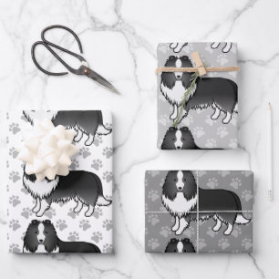 Bi-zwart Shetland Sheepdog Cartoon Hond Patroon Inpakpapier Vel