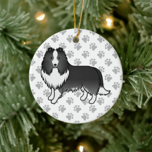 Bi-zwarte Shetland Sheepdog Cartoon Hond & Pootjes Keramisch Ornament
