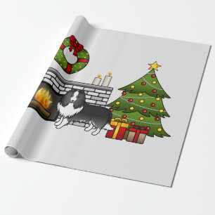Bi-zwarte Shetland Sheepdog Hond In Een Kerst Kame Cadeaupapier