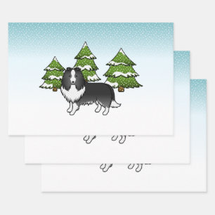 Bi-zwarte Shetland Sheepdog in een winterbos Inpakpapier Vel