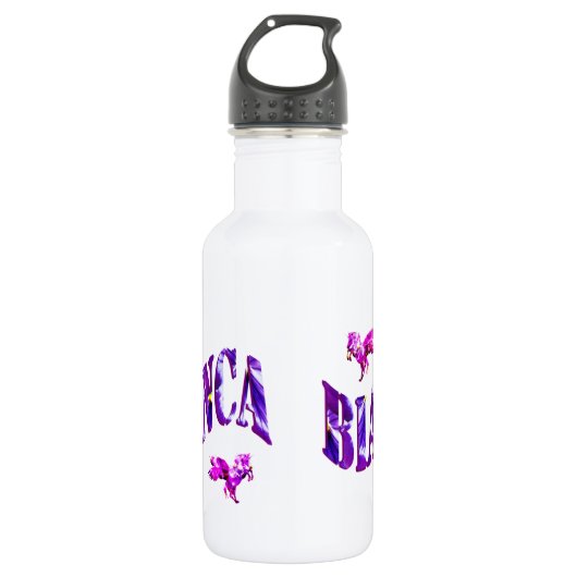 Bianca, meisjesnaam, gemaakt met pansieën, waterfles (Voorkant)