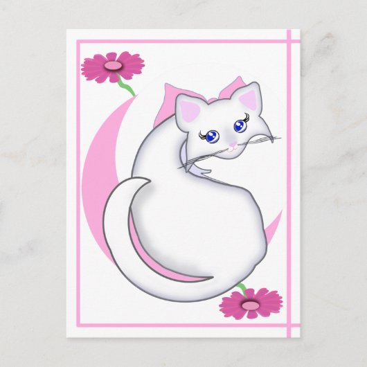 Bianca Toon Kat Ticked Pinks w Flowers Briefkaart (Voorkant)