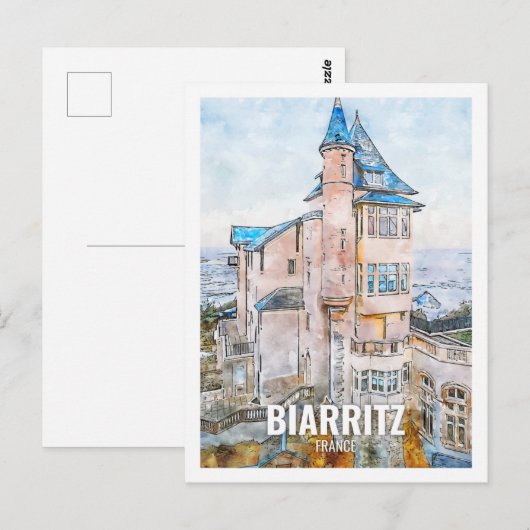 Biarritz Frankrijk Beroemde Reisplaats Waterverf Briefkaart (Voorkant / Achterkant)