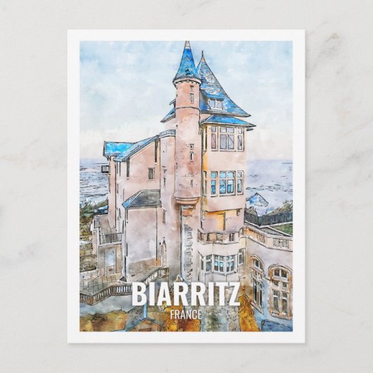 Biarritz Frankrijk Beroemde Reisplaats Waterverf Briefkaart (Voorkant)