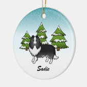 BiBlack Sheltie Cartoon Dog in Winter & Name Keramisch Ornament (Links)