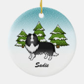 BiBlack Sheltie Cartoon Dog in Winter & Name Keramisch Ornament (Achterkant)