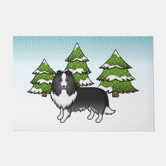 BiBlack Shetland Sheepdog in a Winter Forest Deurmat (Voorkant)