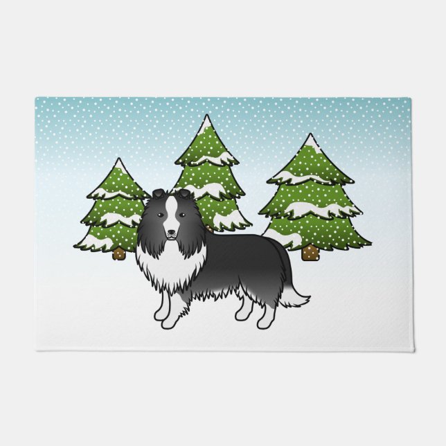 BiBlack Shetland Sheepdog in a Winter Forest Deurmat (Voorkant)