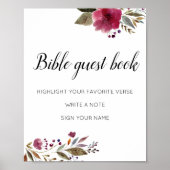 Bible Guest Book Burgundy Flowers Weddenschap Poster (Voorkant)