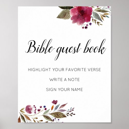 Bible Guest Book Burgundy Flowers Weddenschap Poster (Voorkant)