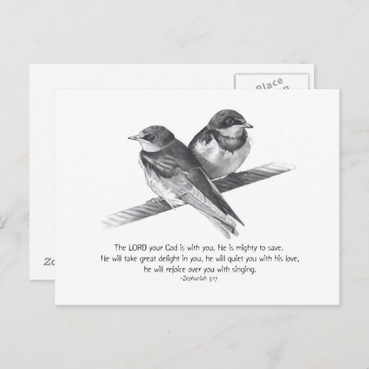 BIBLE TEKST: ZEPHANIAH: VOGELS IN PENCIL BRIEFKAART (Voorkant / Achterkant)