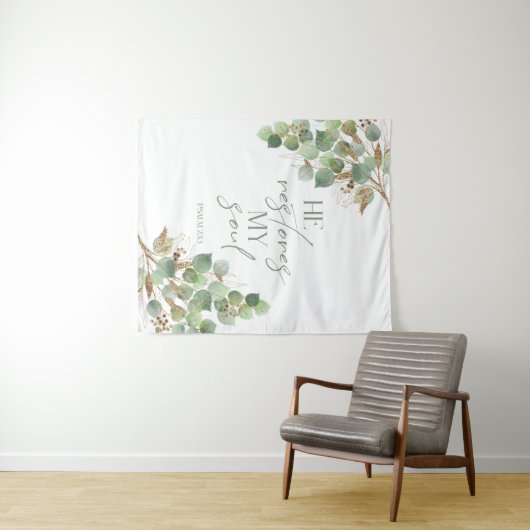 Bible Verse Greenery Hij herstelt mijn ziel Tapest Wandkleed (In Situ (horizontaal))