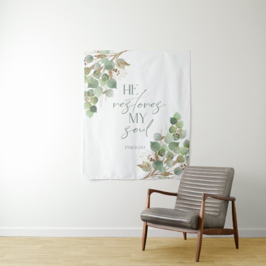 Bible Verse Greenery Hij herstelt mijn ziel Tapest Wandkleed (In situ)