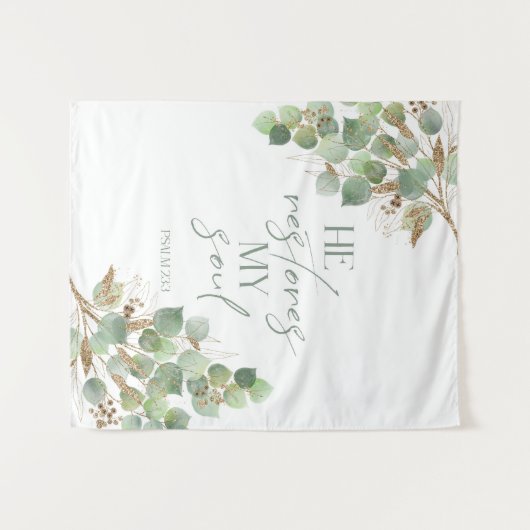 Bible Verse Greenery Hij herstelt mijn ziel Tapest Wandkleed (Voorkant (horizontaal))