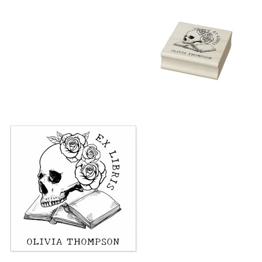  Bibliotheek Boeken Gotische Schedel & Rozen Rubberstempel (Gestempeld)