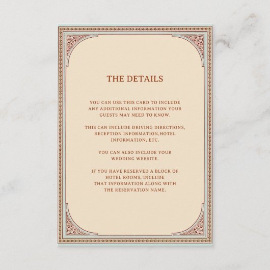 Bibliotheek | Elegante  Lijst bruiloft details Informatiekaartje (Voorkant)