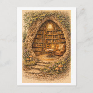 Bibliotheek in vintage-stijl in holle boom briefkaart