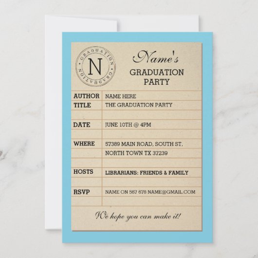Bibliotheek Kaart Afstudeerfeest Blauw Boek Uitnod (Voorkant)