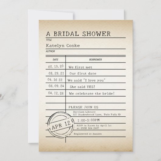 Bibliotheek Kaart Bruids Douche Uitnodiging (Voorkant)